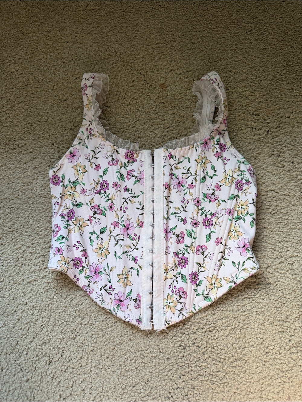 Altar'd State Floral Lace-Trim Corset Crop Top - White, Pink, Yellow